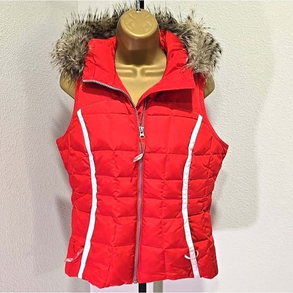 Eddie Bauer Performance Faux Fur Hooded Goose Down Puffer Vest Red Womens XS
